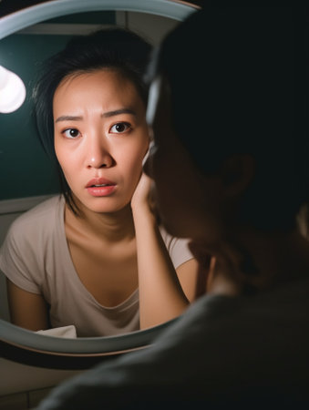 My face should be perfect Attractive young woman examining her face while looking at the mirror : Generative AIの素材