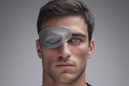 Little injury Handsome young man with adhesive bandage above eyebrow looking at camera while standing against grey background : Generative AIの素材