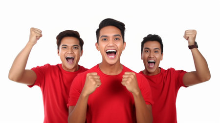 Men cheering Three happy young men in smart casual wear expressing positivity and gesturing while standing against white background : Generative AIの素材