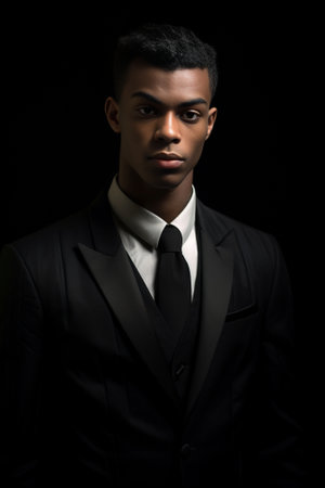 Looking sharp Fashionable young AfroAmerican man adjusting his necktie while standing against black background : Generative AIの素材