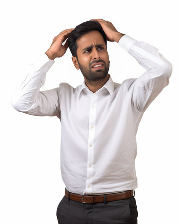 It is just unbelievable Happy young man in shirt and tie touching head with hands and smiling while standing against grey background : Generative AIの素材