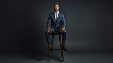 Portrait of confidence Full length of thoughtful young man in full suit looking away while sitting on the stool : Generative AIの素材