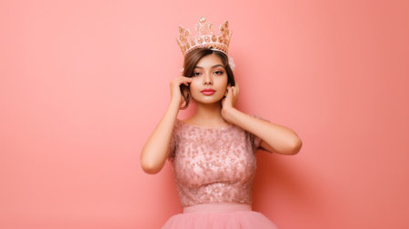 Playful young woman in party headwear looking surprised while standing against pink background : Generative AIの素材