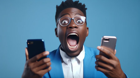 Surprised young African man in formalwear using smart phone and smiling while standing against grey background : Generative AIの素材