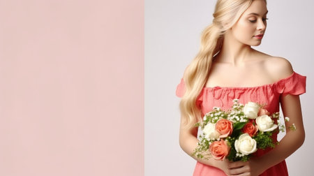 Summer mood Beautiful young woman in pretty dress holding flowers in front of her eyes while standing against grey background : Generative AIの素材