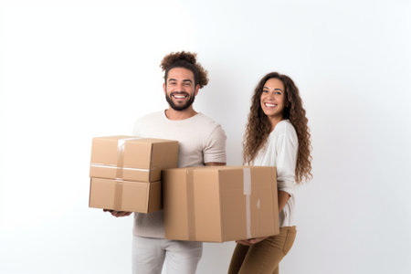 Moving to a new home Happy young couple holding cardboard boxes while going down the stairs : Generative AIの素材