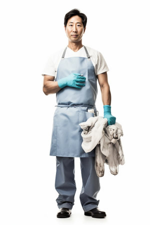 Surgeon wearing gloves Confident surgeon in surgical mask wearing gloves while standing isolated on white : Generative AIの素材