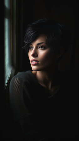 Lost in thoughts Beautiful young short hair woman sitting on window sill and looking away : Generative AIの素材