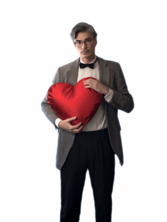 This is love Handsome young man holding heart shaped valentine cards in front of his eyes and smiling while standing isolated on white background : Generative AIの素材