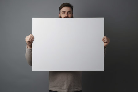 Your advertisement in good hands Handsome young man holding copy space while standing against grey background : Generative AIの素材