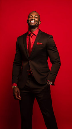 Playful young man in suit looking at camera with smile and adjusting eyewear while standing against red background : Generative AIの素材