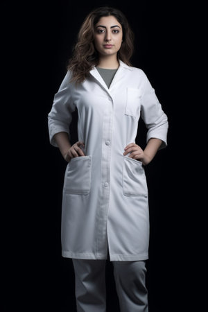 Trying to heal the world Beautiful female doctor in white uniform holding flasks while standing against grey background : Generative AIの素材