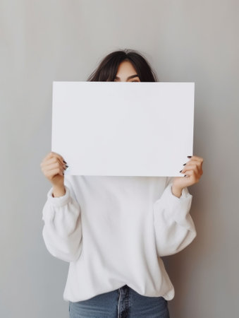 What is there Curious young woman covering face with hand and looking at camera while standing against grey background : Generative AIの素材