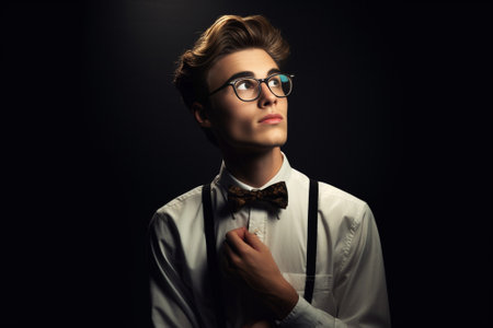 Mr Perfection Closeup of handsome young man wearing sunglasses adjusting his bow tie and looking away while standing against grey background : Generative AIの素材