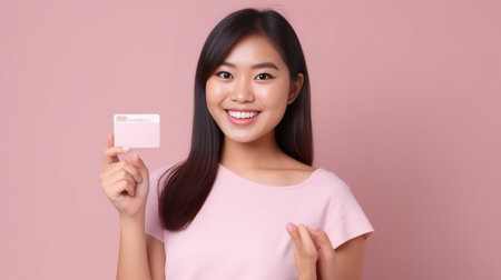 Woman showing her business card Attractive young Asian woman showing her business card and smiling while standing isolated on white : Generative AIの素材