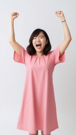 The happiest time for me Beautiful pregnant woman keeping arms raised and smiling while standing against white background : Generative AIの素材