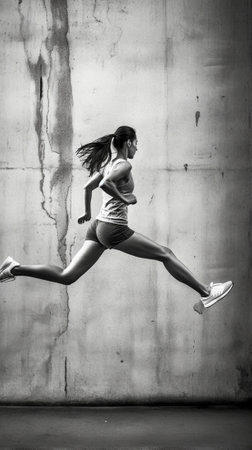 Keep on running Full length side view of beautiful young woman in sports clothing running with a concrete wall in the background : Generative AIの素材