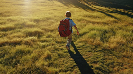 Keep moving Closeup rear view of young people with backpacks moving by green grass with sunrise in the background : Generative AIの素材