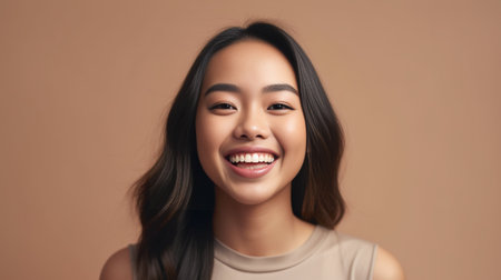 No way Surprised young Asian woman looking at camera and smiling while standing against grey background : Generative AIの素材