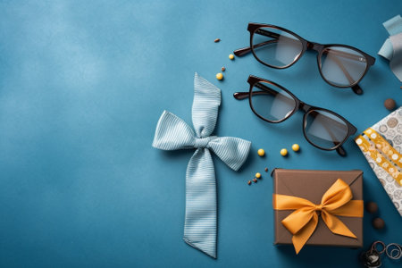 Mens day High angle shot of suspenders prop bow tie and eyewear lying on wooden desk : Generative AIの素材