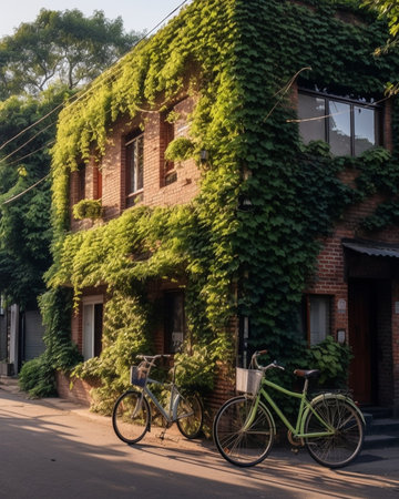 Living green Full length of attractive young woman in casual wear spending carefree time while cycling in front of the house covered with ivy : Generative AIの素材
