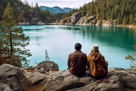 In love Close up top view of young couple holding hands while sitting on the rocks with the river below : Generative AIの素材