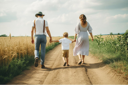 Nothing but family Full length rear view of young family of three holding hands while running outdoors : Generative AIの素材