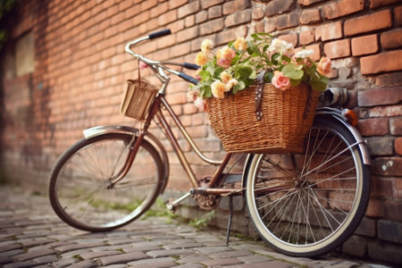 Ready to ride Closeup of bicycle with flowers in the basket standing in front of the house covered with ivy : Generative AIの素材