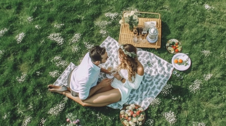 Summer fun Top view of a young couple in love lying together on the grass and smiling : Generative AIの素材