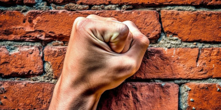 Pointing copy space Closeup of man keeping arms crossed and pointing at copy space while standing against brick wall : Generative AIの素材