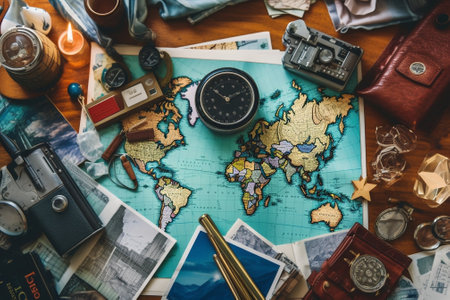 New destination High angle shot of different travel stuff laying on the map : Generative AIの素材