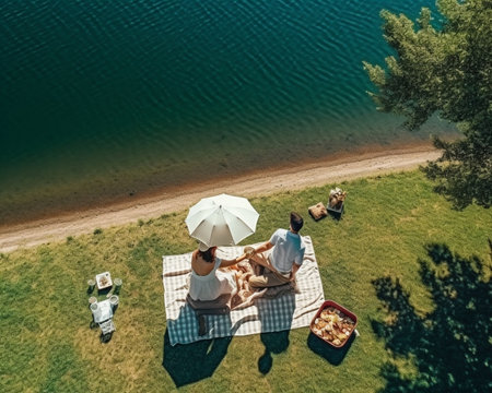 So happy Top view of beautiful young couple feeding ducks while enjoying romantic date on the lake : Generative AIの素材