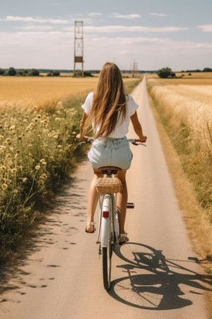 Woman riding bicycle Closeup rear view image of young women riding on her bicycle along the road : Generative AIの素材