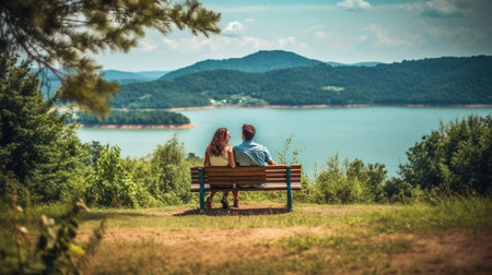 They found love Young modern couple bonding while sitting on the bench in mountains : Generative AIの素材
