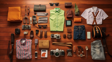 The most important things Top view of clothing and diverse personal accessory laying on the wooden grain : Generative AIの素材