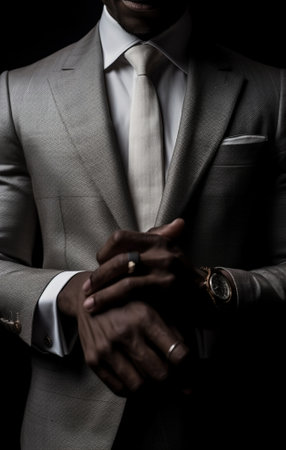 Young African man in formalwear keeping hands clasped while standing against grey background : Generative AIの素材