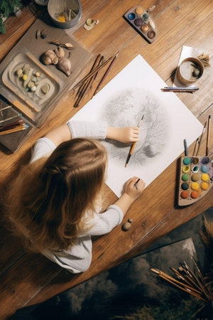 Top view of young woman drawing in art studio : Generative AIの素材