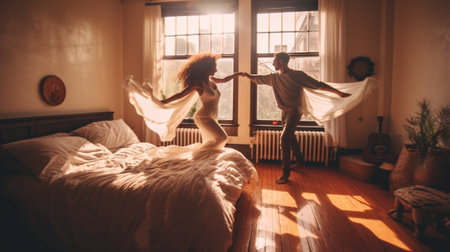 He will never let her go Full length of playful young couple holding hands and bonding while dancing on the bed at home : Generative AIの素材