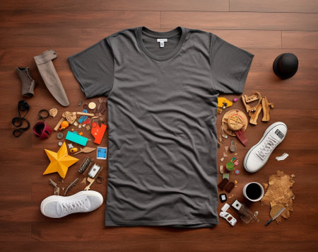 Youth collection Top view of clothing and diverse personal accessory for teenagers laying on the wooden grain : Generative AIの素材