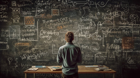 Which way shall I choose Rear view of pensive mature man scratching his head and looking at digitally composed business signs and charts on chalkboard : Generative AIの素材