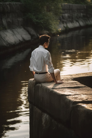 I would stay here forever Handsome young modern man looking away while sitting on the rock near the river : Generative AIの素材