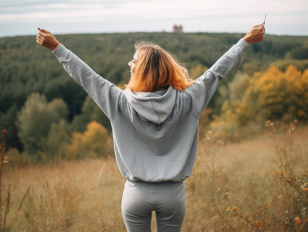 I did it Rear view of young woman in sports clothing smiling and keeping arms outstretched while standing outdoors : Generative AIの素材