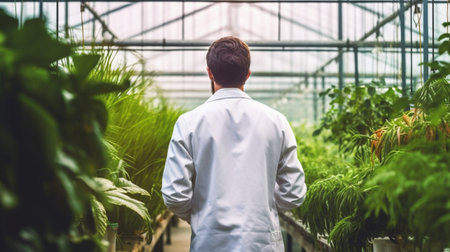 Man in a greenhouse Rear view of handsome mature man in apron holding plant and looking at camera while standing in a greenhouse : Generative AIの素材