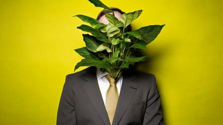 Playful African man hiding face behind a bunch of lettuce while standing against green background : Generative AIの素材