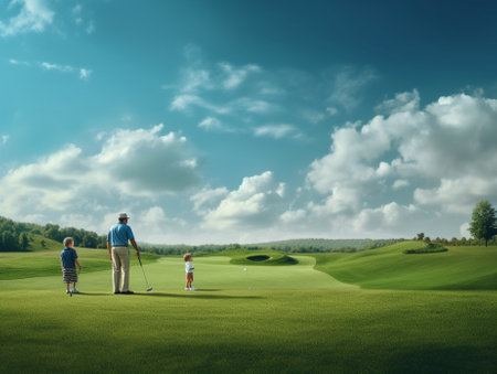 It was a great game Rear view of young man and his son holding hands and looking at each other while walking on the golf course : Generative AIの素材