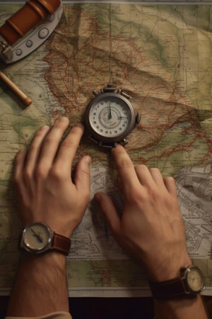 New destination Close up top view of man using smart phone with sunglasses photo camera compass watch and passport lying on map around : Generative AIの素材
