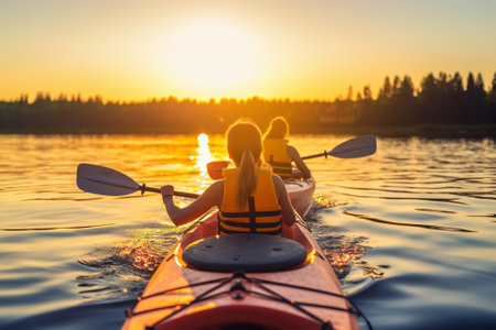 Meeting the best sunset together Rear view of young couple kayaking on lake together with sunset in the backgrounds : Generative AIの素材