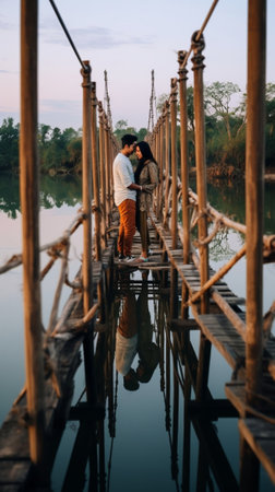 Love makes everything possible Beautiful young couple holding hands and smiling while walking on the suspension bridge : Generative AIの素材