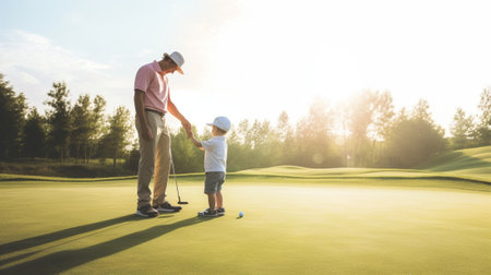 My little winner Cheerful young man and his son giving highfive to each other while standing on the golf course : Generative AIの素材