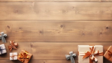 Invitations for party Closeup top view of gift boxes and opened envelopes laying on the rustic wooden grain : Generative AIの素材